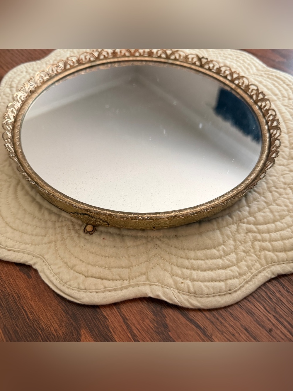 Vintage Gold Ornate Round Accent Mirror tray 9”